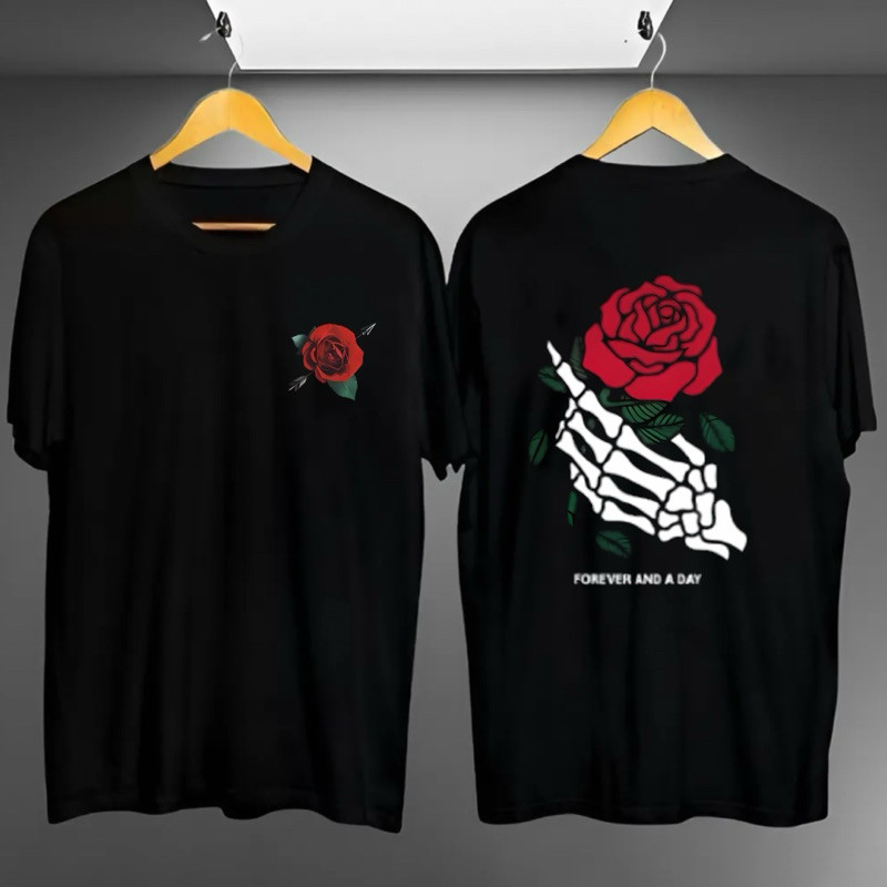 Baju Kaos Distro Motif Tengkorak Mawar / Atasan Pria Lengan Pendek Terlaris / Pakaian Pria Terkini