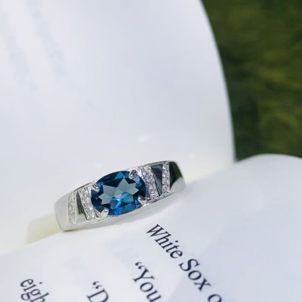 Original Cincin Pasangan Perhiasan Perak Batu Safir Biru Oval Zircon Kristal Elegan Fashion Lamaran