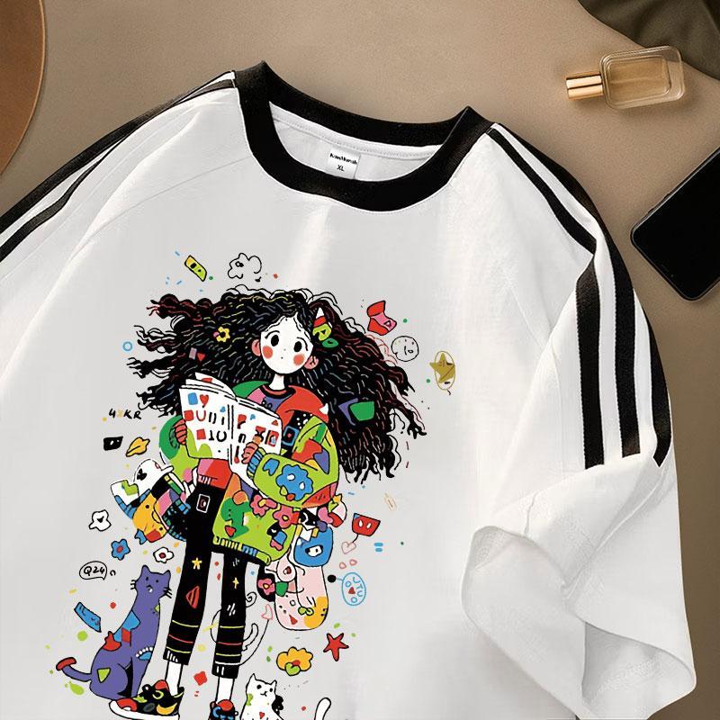 Kaos Murah Id - Kaos Garis Tiga | Pola Anak Perempuan Baca Buku | Kaos Wanita Oversize | Cocok Untuk