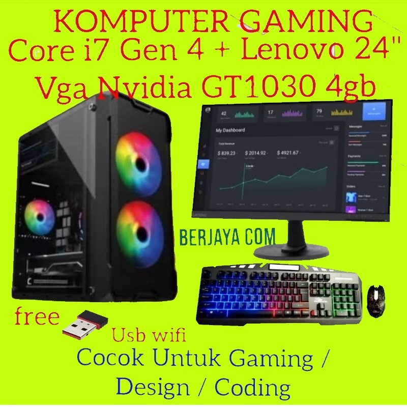 Full Set I7 Gen 4 - Led Lenovo 24" - Vga Nvidia GT1030 4gb - 16gb Ram - 500gb Ssd - Pc Rakitan - Kom