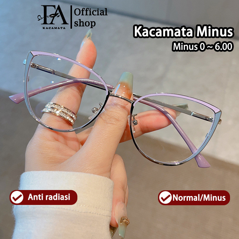 Kacamata Anti Blueray Minus Silinder Wanita Cat Eye Frame Anti Radiasi Kaca Mata Optik