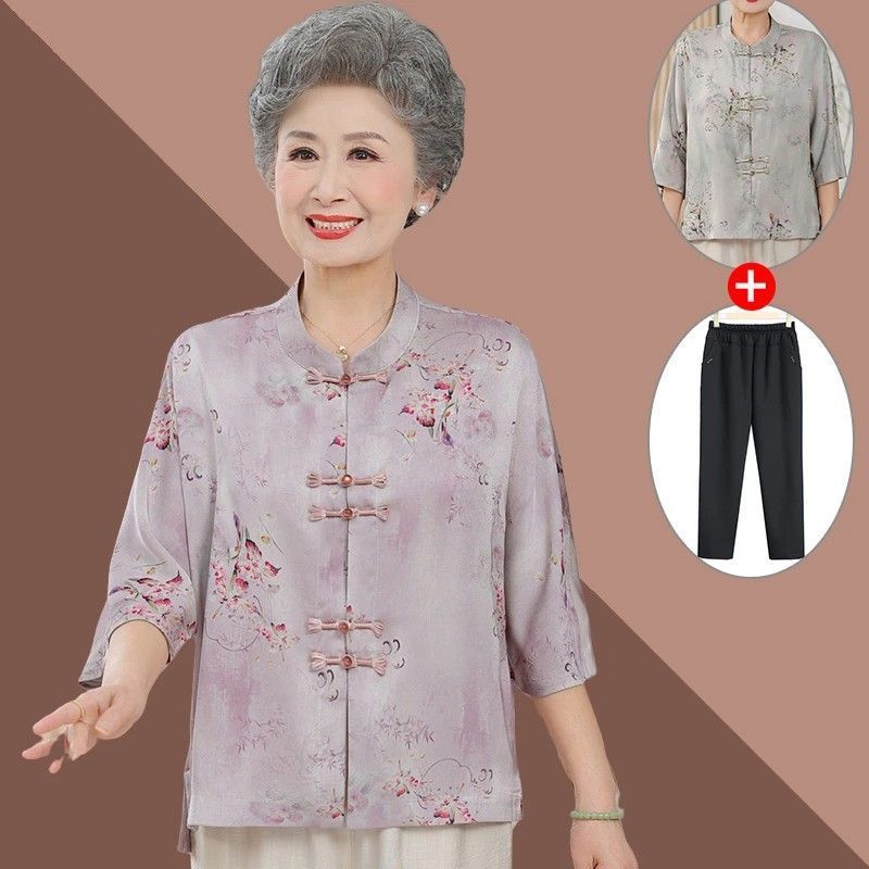 Musim panas Cina gaya ibu nenek kaos tujuh lengan Cina angin tua top wanita