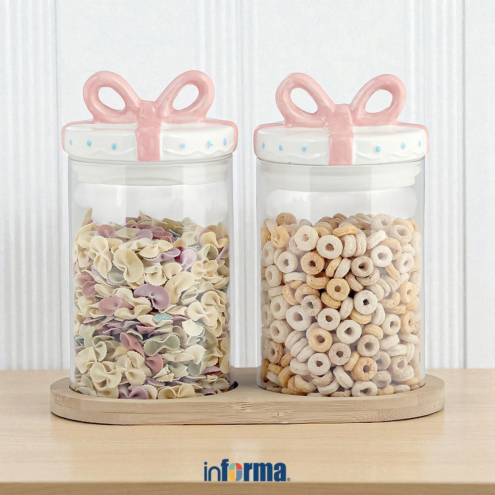 Informa Stoples Kaca Ribbon Dengan Nampan 650 ml Set 2 Pcs Transparan Jar Tempat Simpan Snack Dan Pe