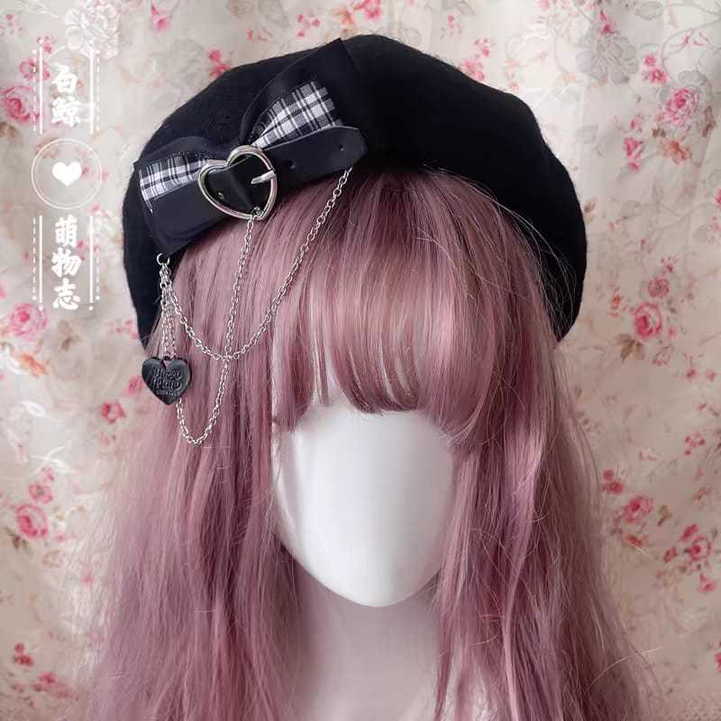 [READY] topi beret lolita motif black tartan
