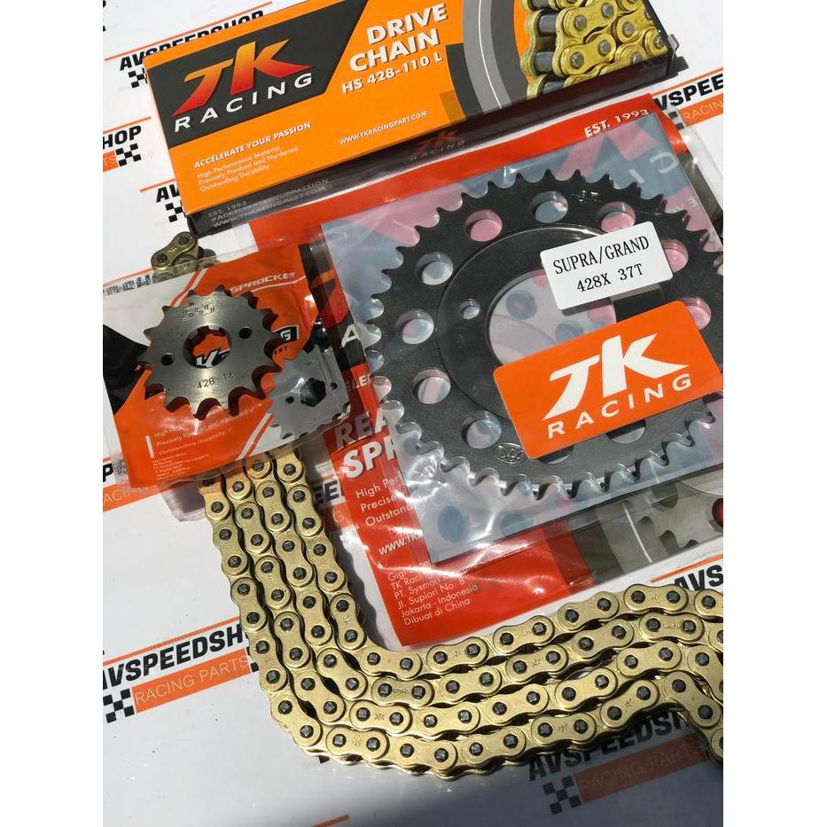 TK Racing Gear Set ASTREA / WIN & Rantai TK Racing HS 428 110 Gold untuk Honda Supra X 100, Grand, A