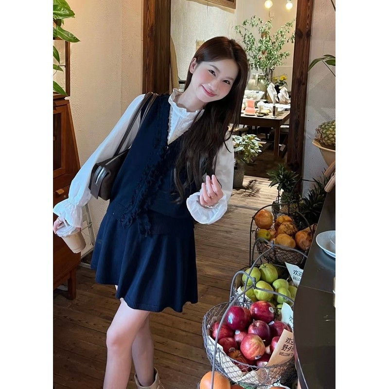 Ruffled Lace Collar Baju/Blus Dan Vest Dan Rok Pendek Flowy Set 3 pcs Satu Ukuran