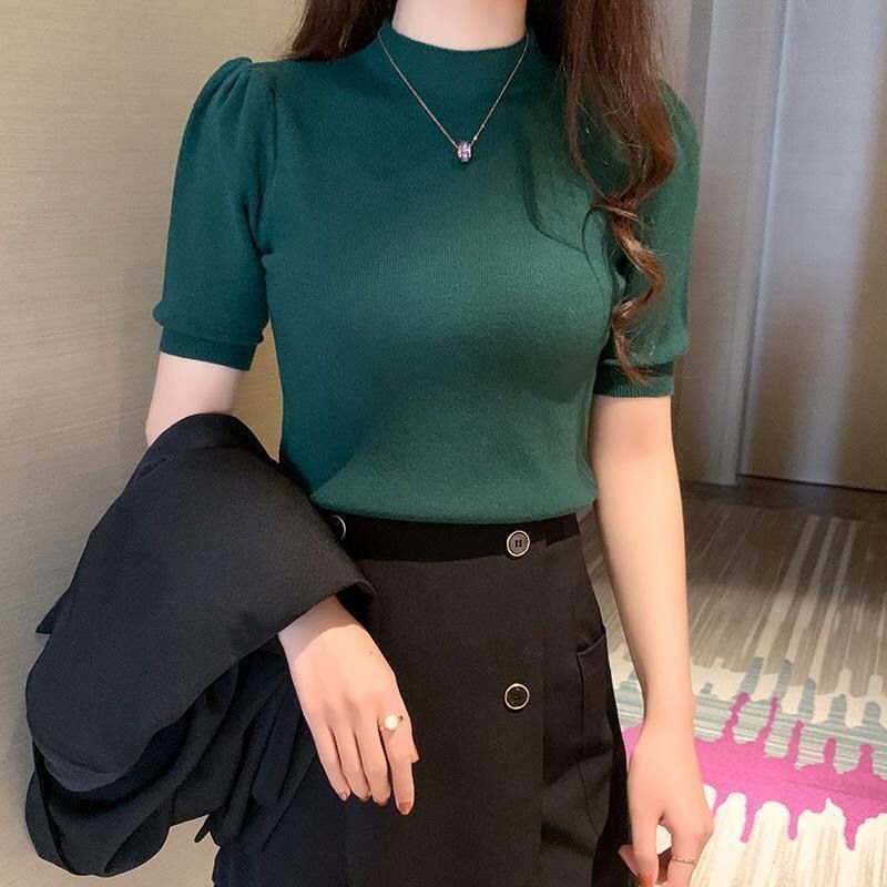 Sweater Rajut Wanita Leher Setengah Tinggi Slim Fit Atasan Longgar