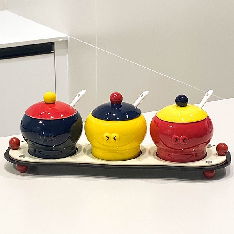 Creative Ceramic Seasoning Jar Set Salt Sugar Jar Kitchen Seasoning Box Chili Oil Tank Jar Household