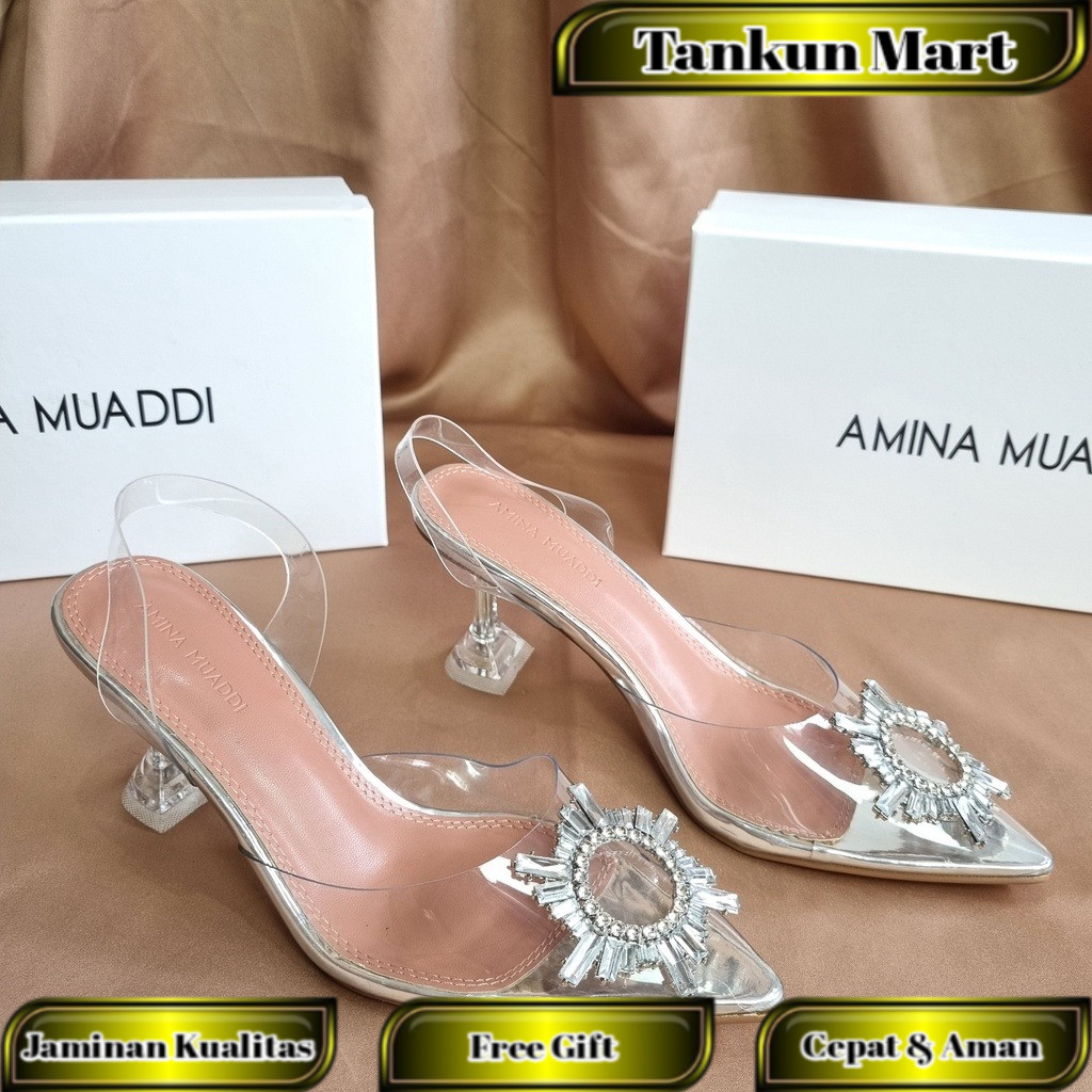 SEPATU AMINA MUADDI WANITA BEGUM CRYSTAL GLASS SLING HEELS TRANSPARAN PVS