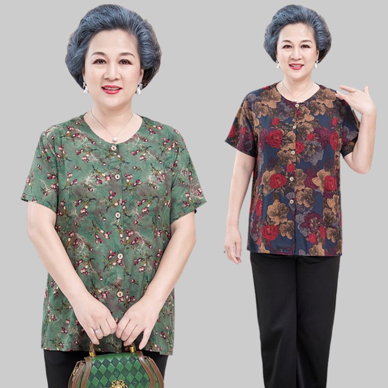 Musim panas tengah-tua perempuan santai ibu tipis cetak top nenek sutra terbuka t-shirt perempuan