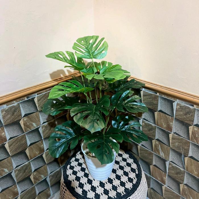 Tanaman hias artificial mostera Hijau polos daun 18 cabang + pot pirus - 1set tanaman+pot