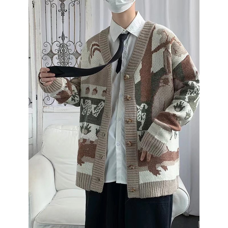 Musim Gugur dan Musim Dingin v Jaket Sweater Berkerah untuk Pria Fashion Retro Jepang Sweater Rajut