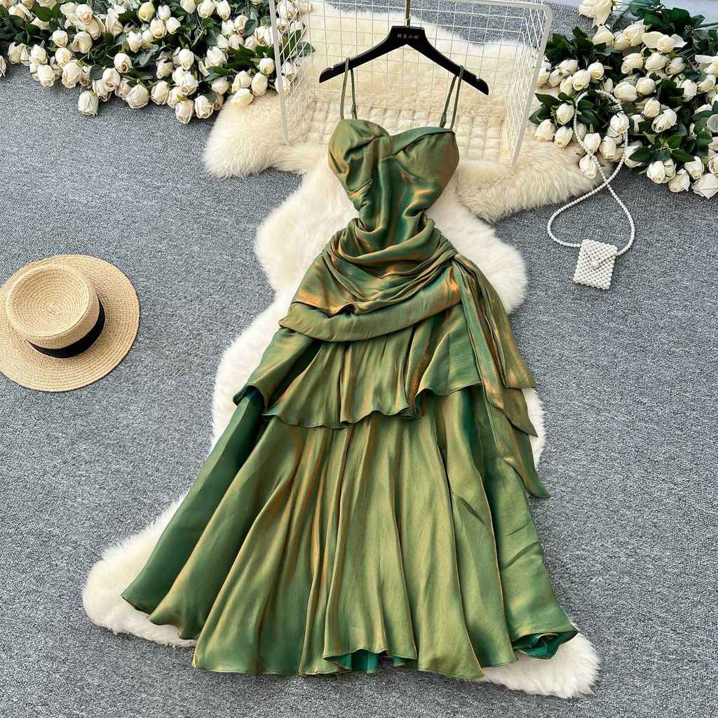 Dress musim panas gaun selempang tali kerah persegi