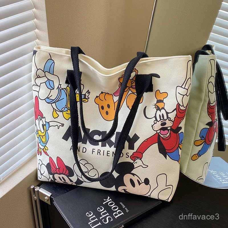 Tas Tangan Wanita Motif Kartun Mickey Mouse, Tas Bahu Kanvas Kapasitas Besar