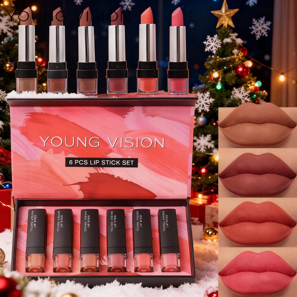 Lipstik Matte 6 Buah/Set, Set Kotak Hadiah Lipstik Tidak Lengket Beludru, Lipstik Pelembab