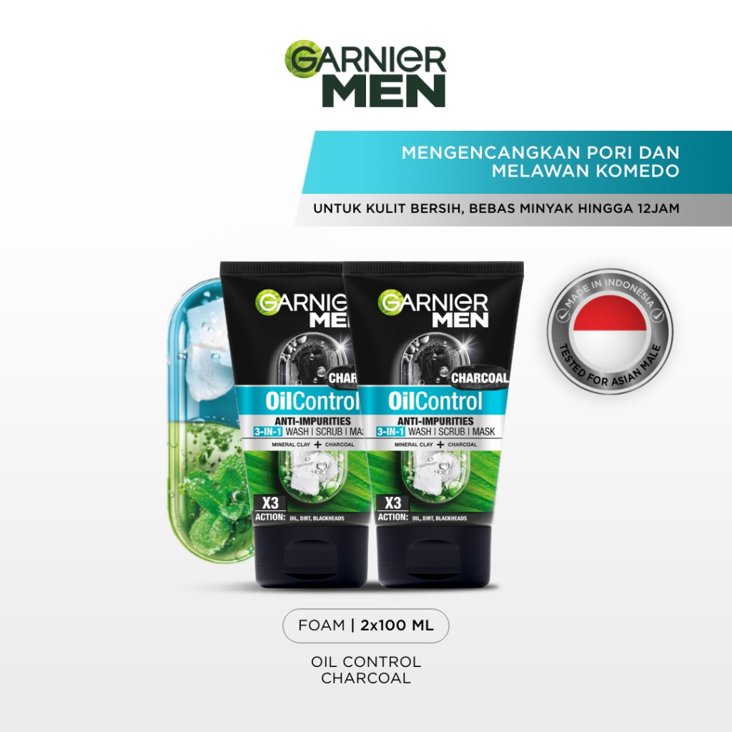 [PAKET HEMAT ISI 2] GARNIER Men Oil Control 3 In 1 Charcoal Foam Skincare 100ml Face Wash Sabun Cuci
