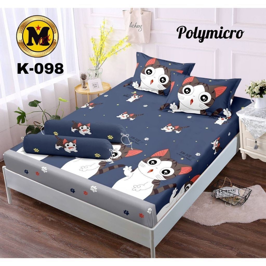 sprei karakter anak motif kucing navy ukuran 180x200 bonus sarung bantal dan sarung guling