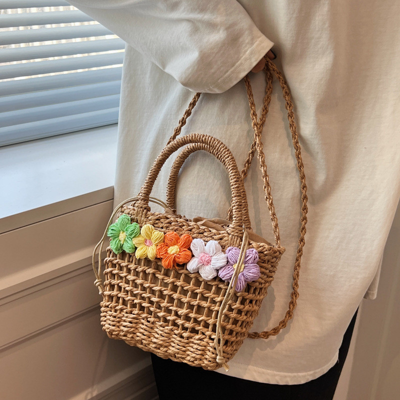 Tas Rajut Rotan Anyaman Wanita Estetik/ Tas Rotan Bunga Warna Vintage / Tas Kasual Wanita / Tas Bali