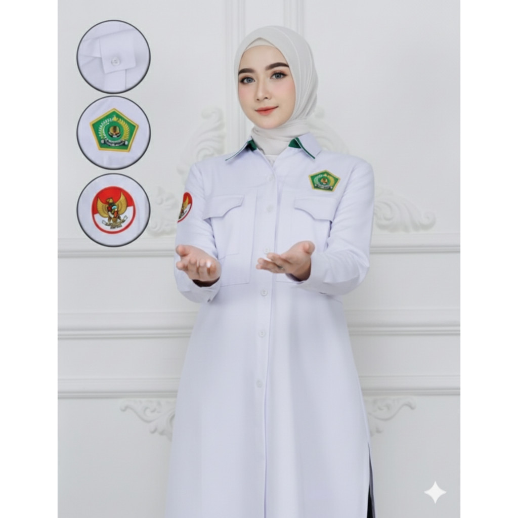 TUNIK KEMENAG PUTIH WANITA LENGAN PANJANG / BAJU WANITA ASN PUTIH / TUNIK PDH WANITA PUTIH LENGAN PA