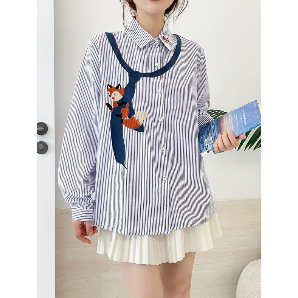 CHICMORE Kemeja Wanita Motif Rubah Lucu Oversized Lengan Panjang | Kemeja Wanita Gaya Korea | Motif 