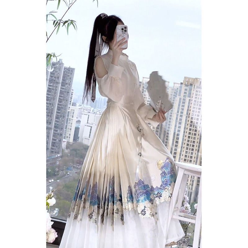 Set Kemeja Lengan Tipis Off-Shoulder Putih dan Rok Wajah Kuda untuk Wanita Gaya Cina Baru Hanfu yang