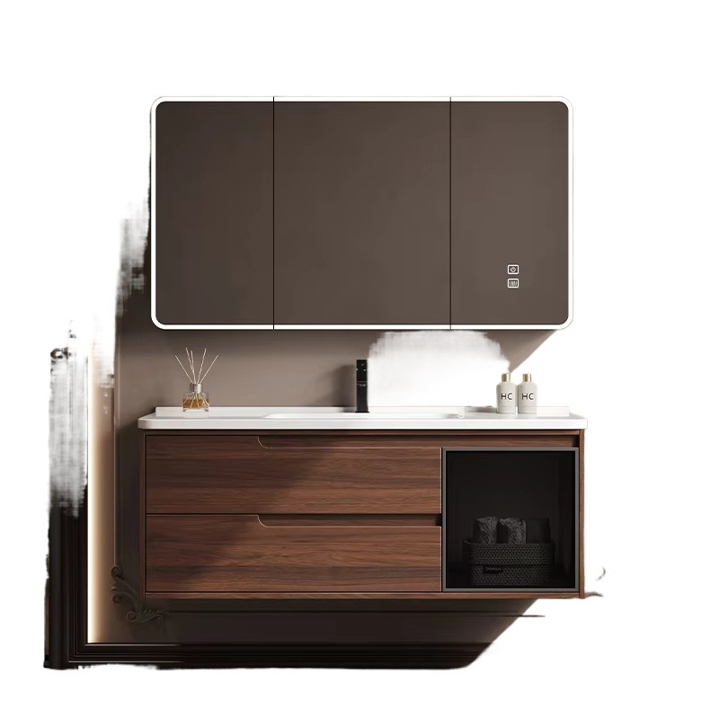 Modern Chinese Walnut Color Bathroom Cabinet Set Solid Wood Lacquered Waterproof Ceramic Washbasin S