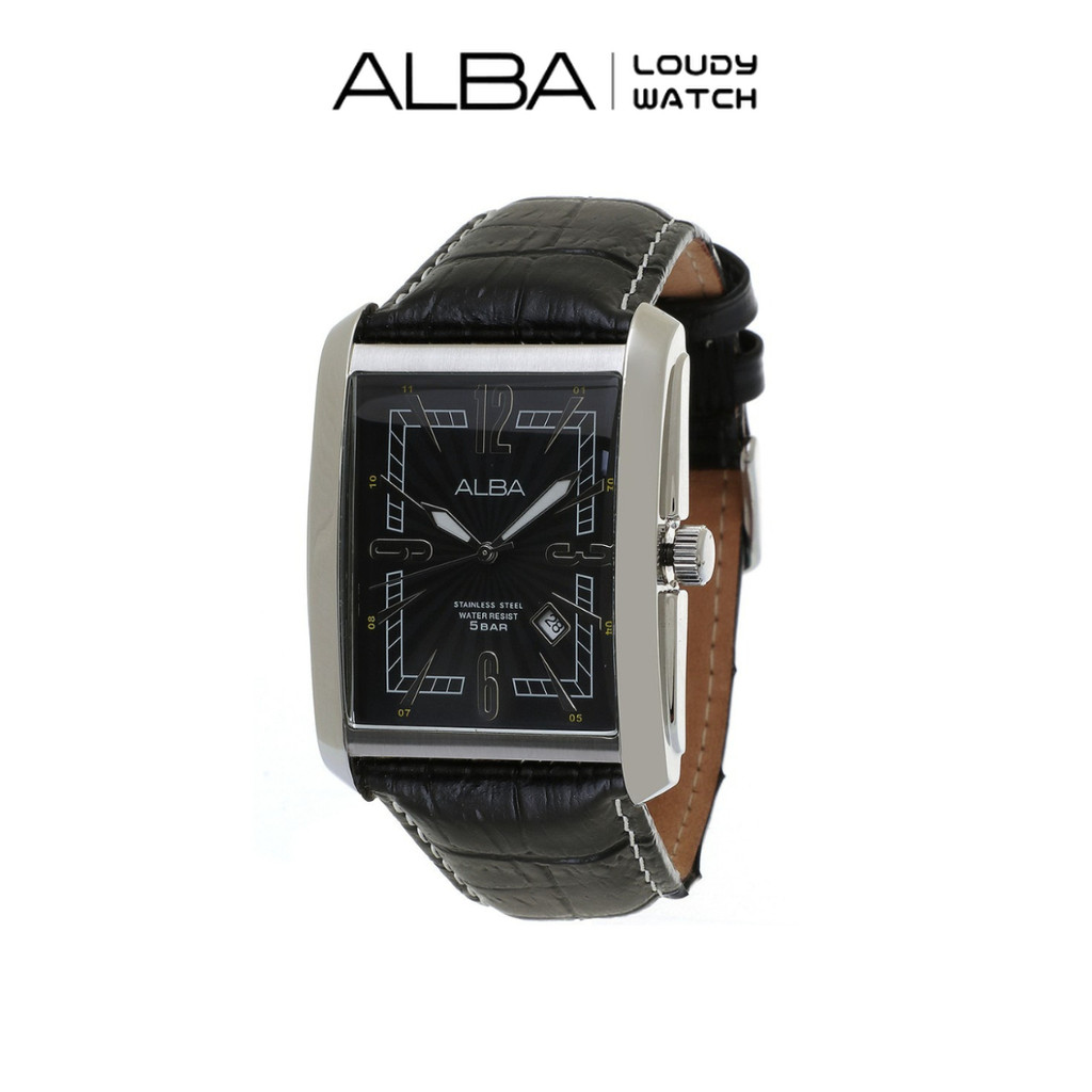 ALBA AG8185 Prestige Jam Tangan Pria Kotak Quartz Black Dial Genuine Leather Strap Watch