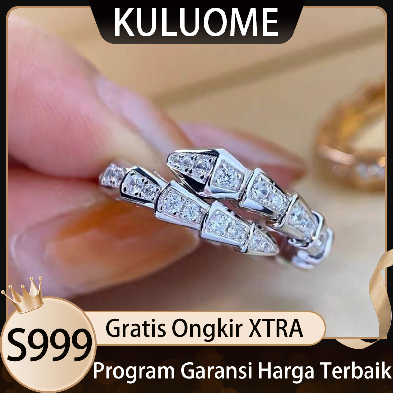 KULUOME Cincin Bentuk Ular Kecil Desain Niche Berlian Penuh Mewah Ringan Au750 Dihiasi Berlian Cinci