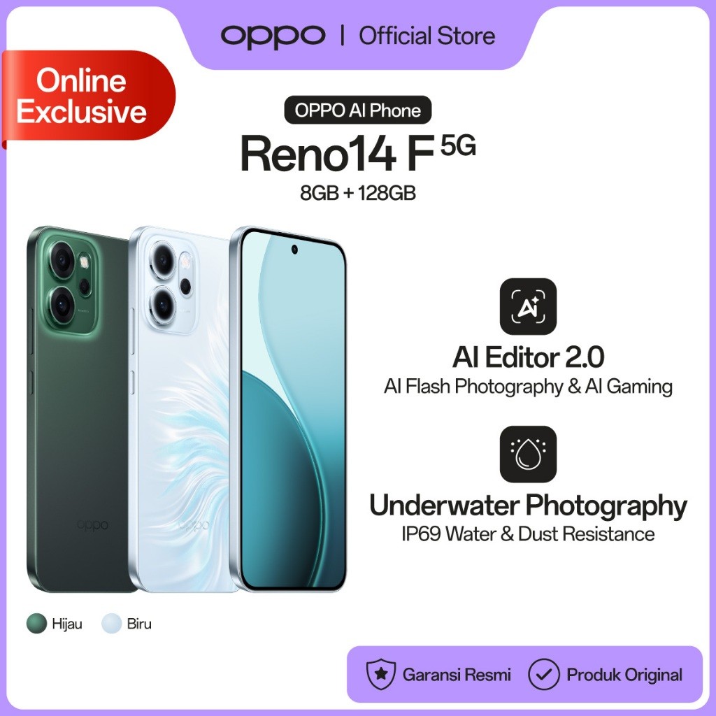 Jual Hp [ONLINE EXCLUSIVE] OPPO Reno14 F 5G 8GB+128GB [IP69 Underwater 4K Photography, 6000mAh Batte