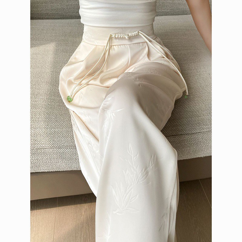 Celana Jacquard Satin Asetat Mewah Wanita Celana Lebar Gaya Cina Baru