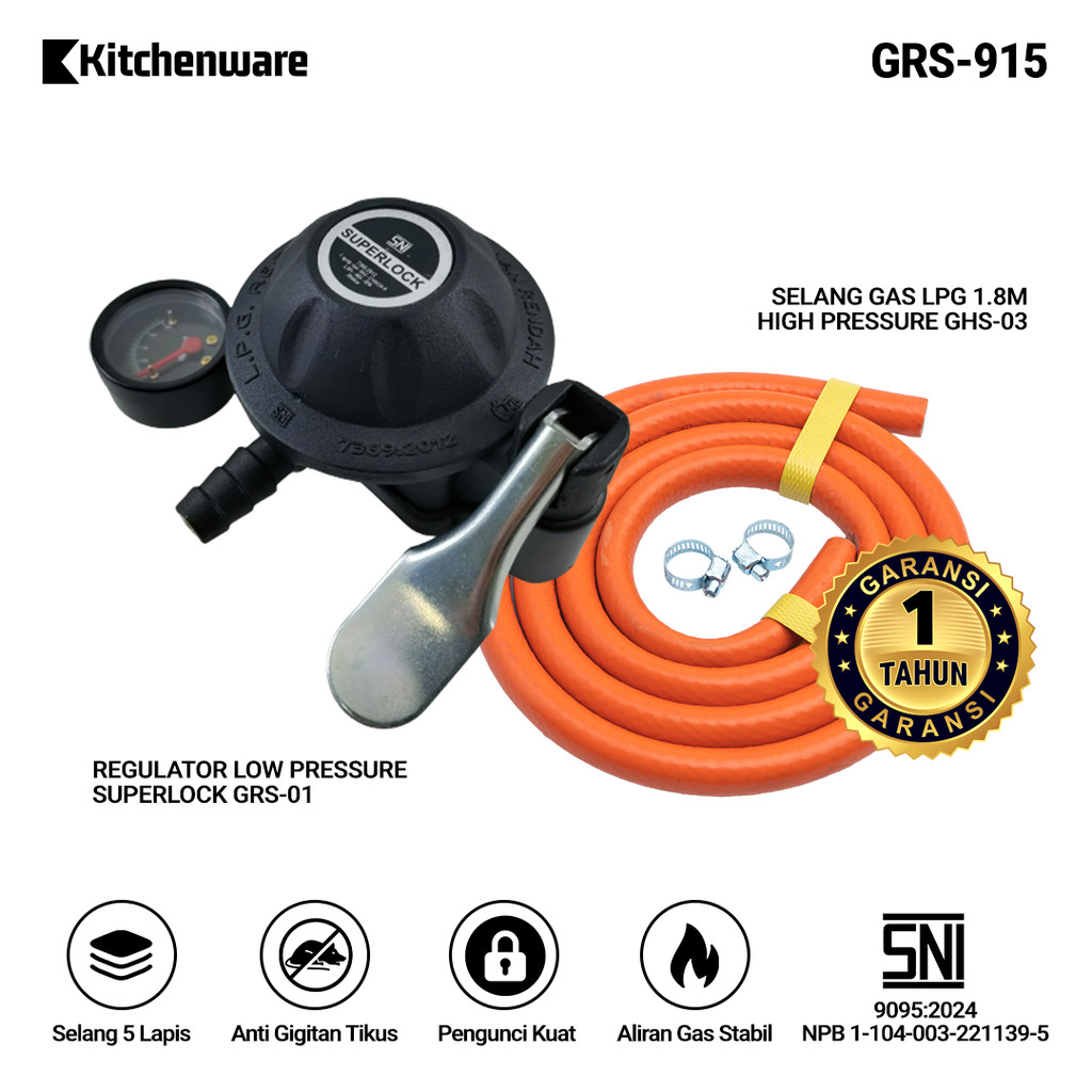Kitchenware Paket Regulator Superlock 01 Klik + Selang (GRS-915) Regulator Kompor Gas Superlock Regu