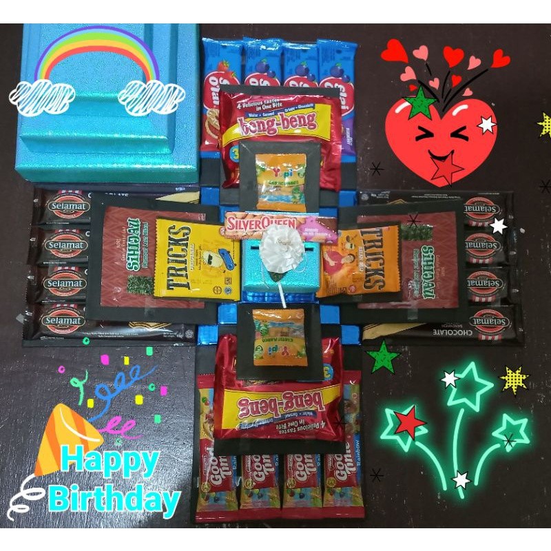 EXPLOSION BOX / snack box / kotak kejutan 3 layer kecil (20,15,10cm) + pullout ( + coklat silver que