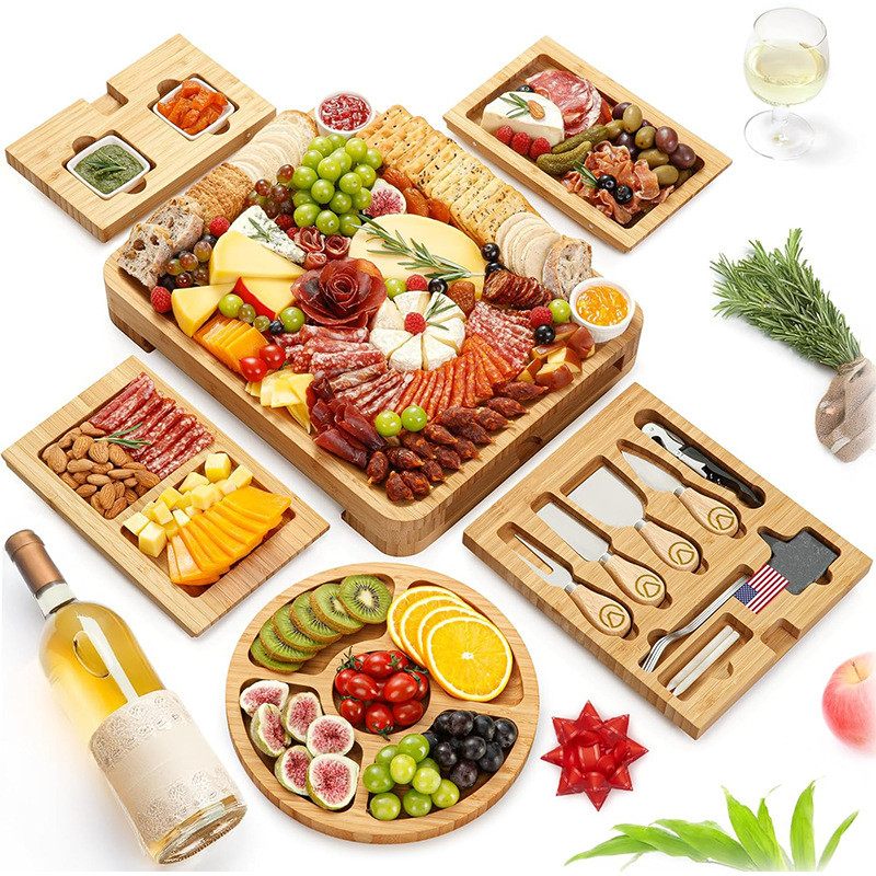 Bamboo Four-Drawer Cheese Board Set Cheese Board Cutting Board Cheese Tools Rock Board Chalk Set Fru