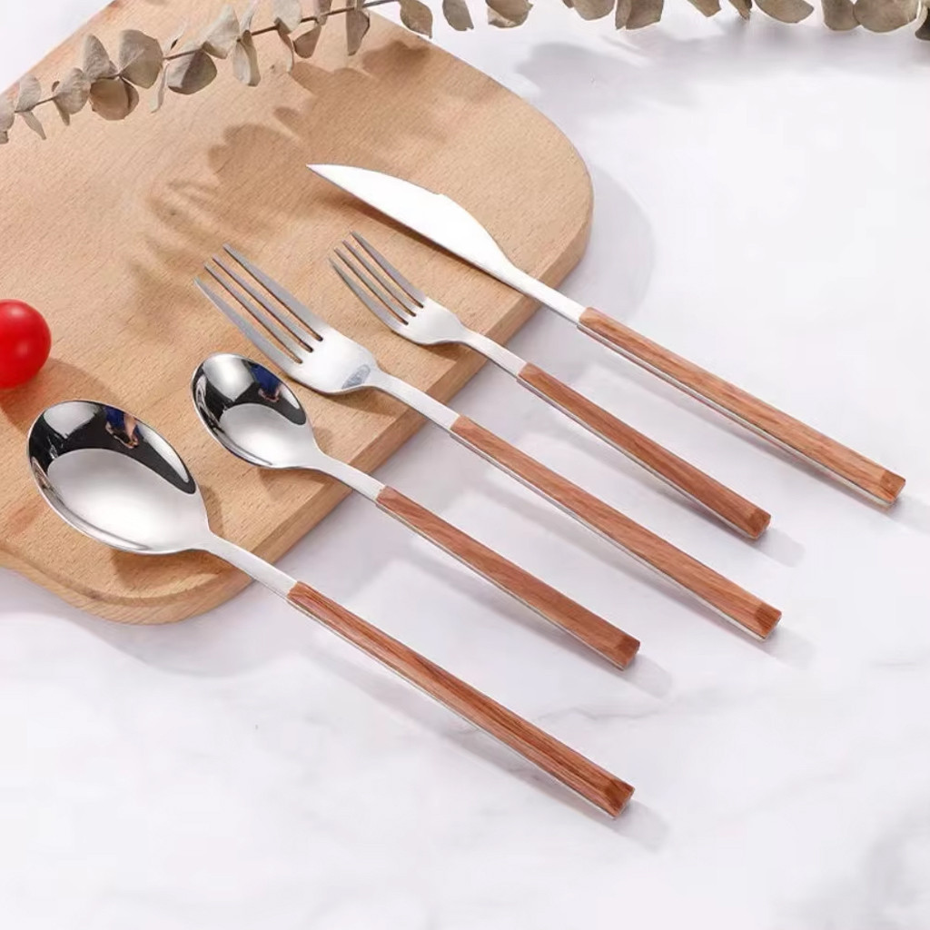 KBR Wood Grain Spoon Fork Aesthetic / Alat Makan Sendok Garpu Stainless Steel Korea Gagang Kayu / Se