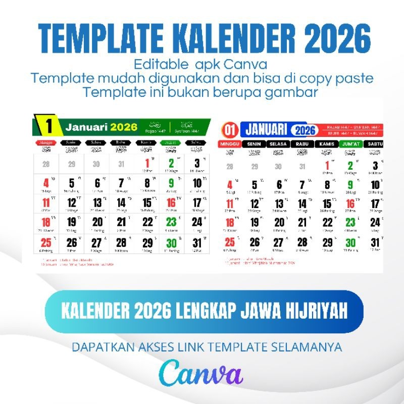 Template kalender 2026  Format Canva Lengkap Jawa Hijriyah dan Libur Nasional