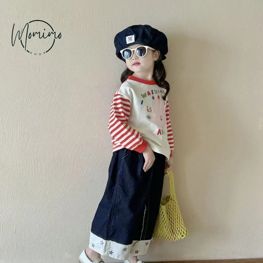 CLEARSHOP Setelan Anak Perempuan Atasan Lengan Panjang Putih Merah Strip+Celana Jeans Kulot Set Anak