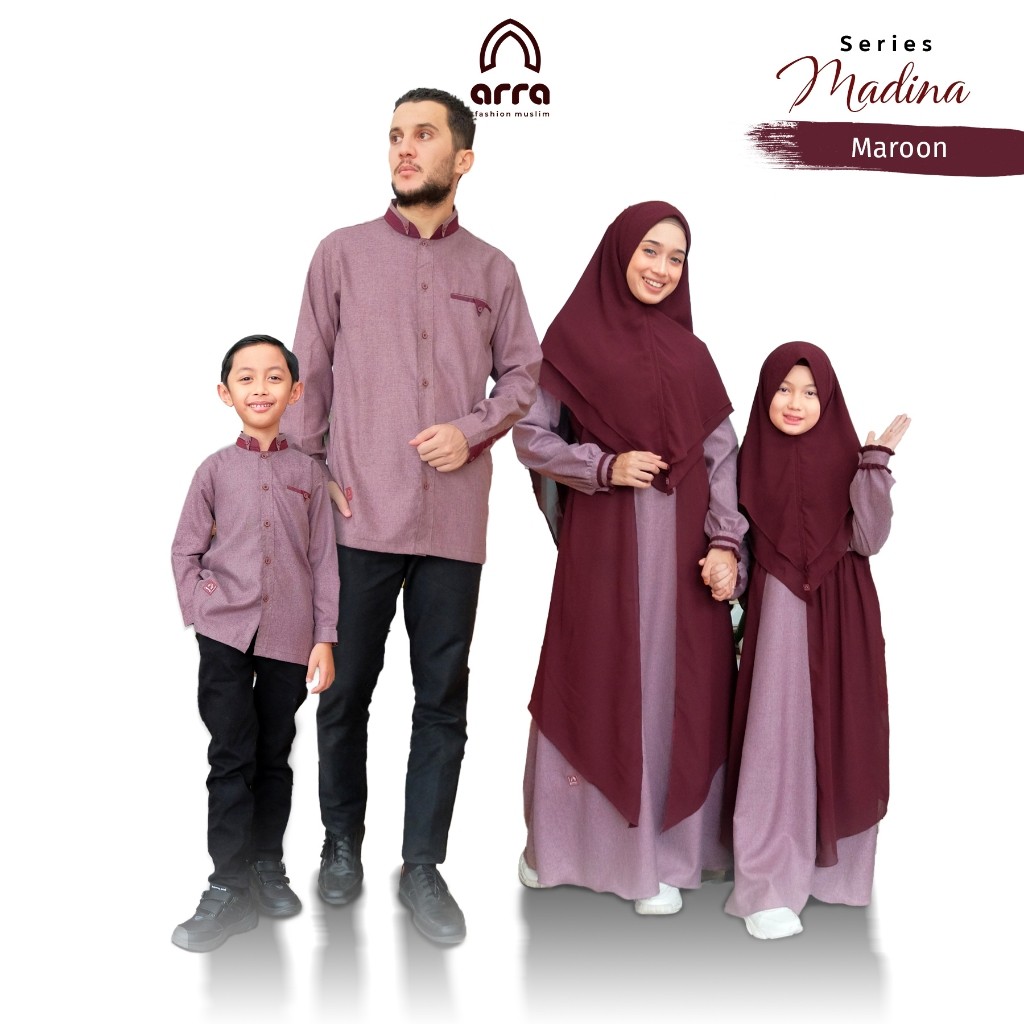 ARRA - Madina Sarimbit Lebaran Set Keluarga (Koko, Gamis, Kerudung) Warna Maroon Fashion Muslim