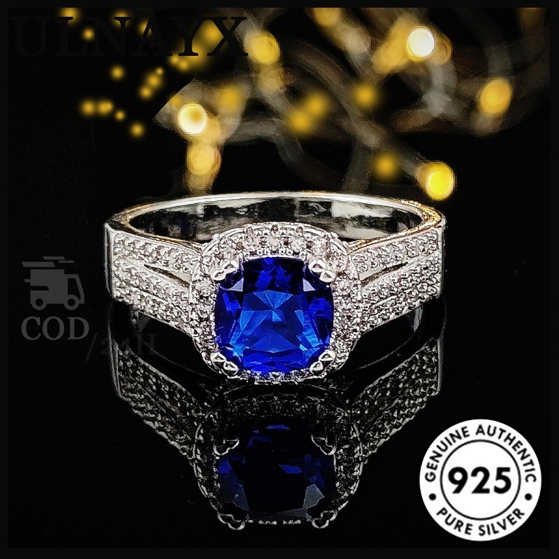 Cincin Wanita Zircon Flash Biru Tua 8mm Tiga Baris Berlian Penuh