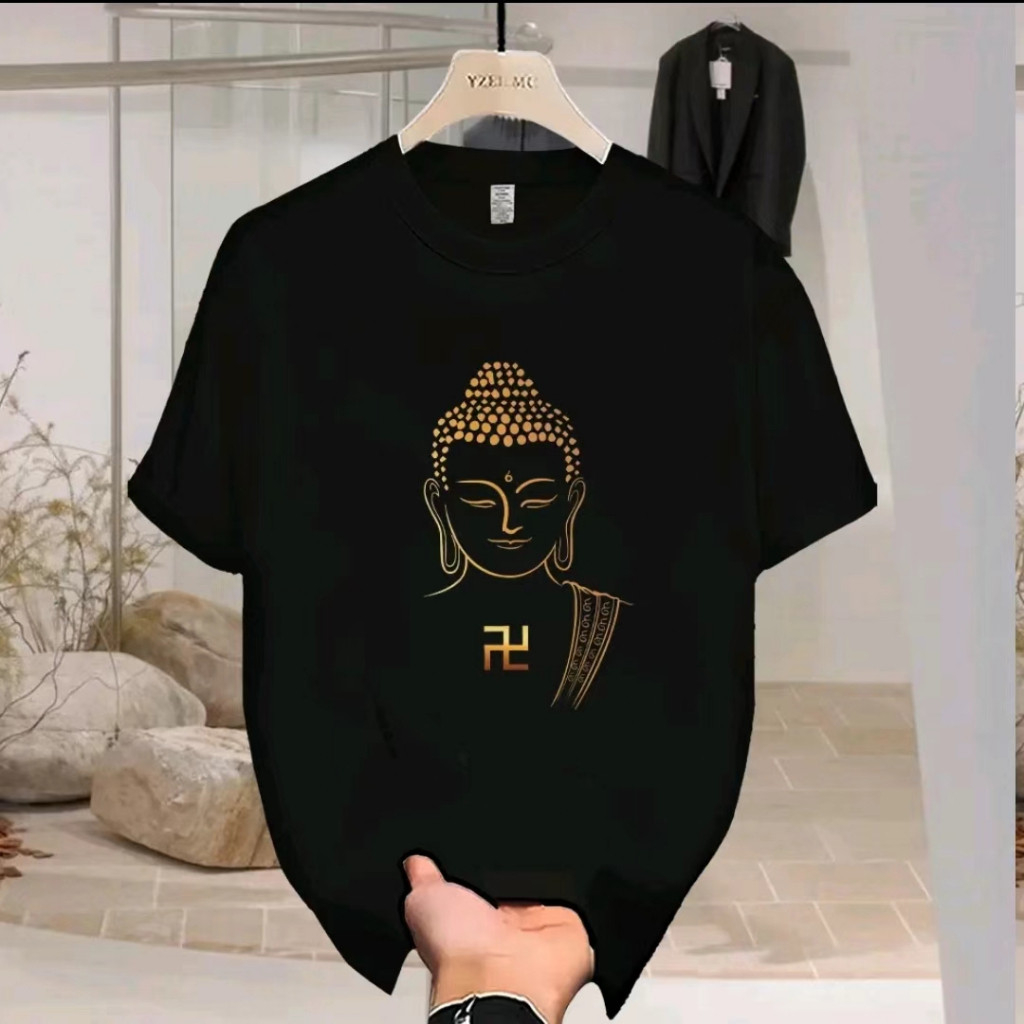 musim panas baru Cina baru longgar Buddha swastika pencetakan pria ceruk leher bulat katun katun ser