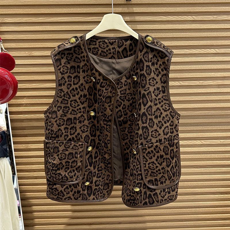 Stasiun Eropa jaket rompi bermotif macan tutul berdada ganda wanita