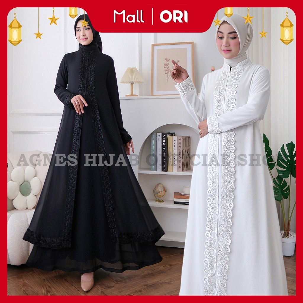 BK87YT Agnes Hijab - Virly Dress Gamis Putih Baju Muslim Wanita Dewasa Gaun Pesta Remaja Abaya Hitam