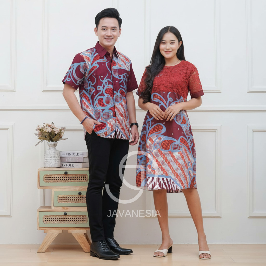 Baju Batik Couple Dress Brokat Baju Pesta Lengan Pendek Burgundy