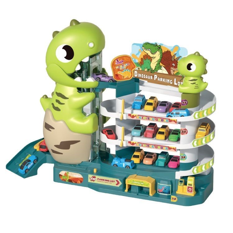 Mainan Anak Dinosaurus Dino Parking Lot Automatic Lift  Garasi Mobil Dino Tower Parking Lot Otomatis