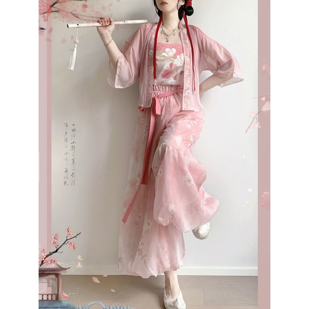 Pink Bubble Hanfu Celana Pendek Wanita Bud Celana Rok Celana Pendek Set