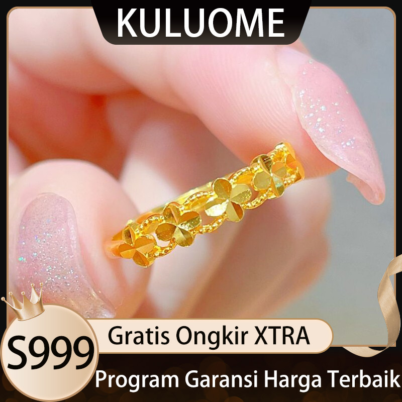 KULUOME Cincin Emas Vietnam Emas Pasir Cincin Empat Daun Baru Fashion Cincin Keberuntungan Emas Hadi