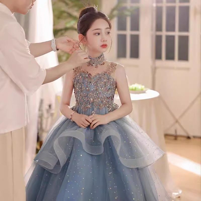 Blue Girl's Dress Flower Girl Birthday Piano Performance Children's Princess Host Show Piano Perform