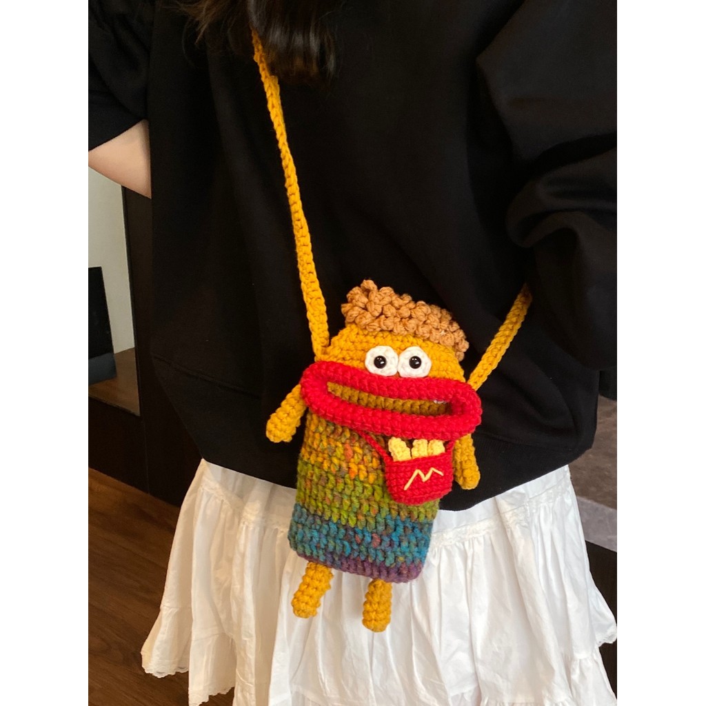 Y2.Morgan Tas HP Rajut Benang Mulut Sosis Hasil Kerja Tangan Rajut Lucu Konyol Tas Selempang Wanita 