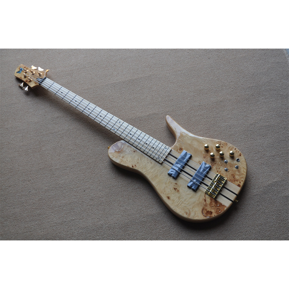 Natural Wood Burl one Piece Neck Through ash body Fodera Butterfly 5 Strings Electric Bass Guitar st