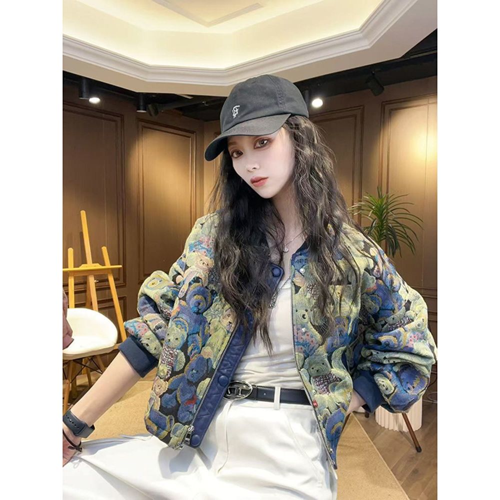 Desain cetak jaket pendek jaket kasual wanita, jaket longgar, jaket kasual wanita