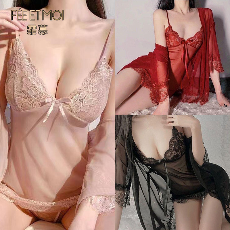 FEE ET MOI-Set kimono lingerie seksi transparant S-5XL Lingerie Kimono Set - Pink Chocolate